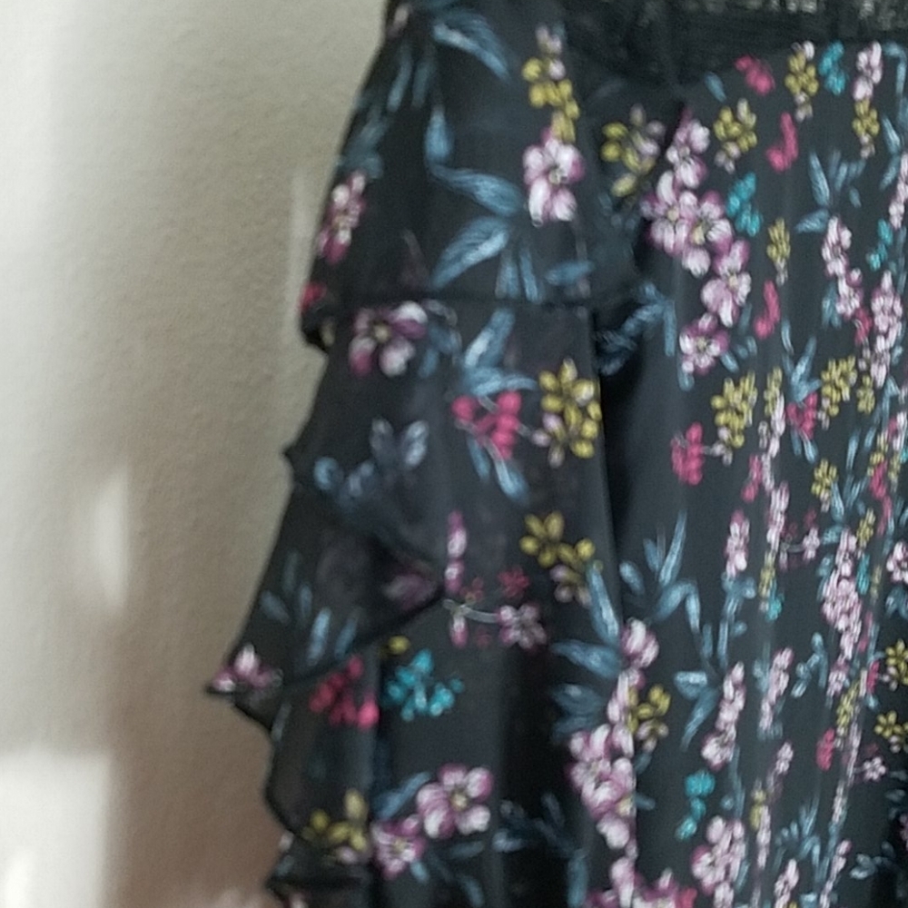 Dress 3/4 long sleeve ruffle lace floral print lined chiffon Whimsigoth Fairy - Picture 8 of 9